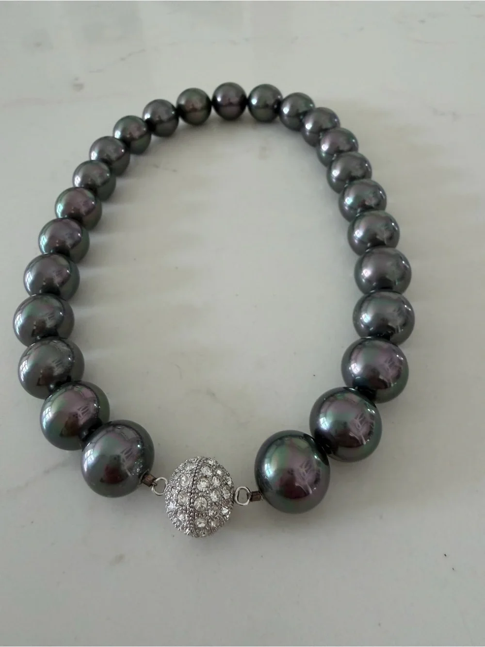 Lustrous Dark Charcoal Pearlescent Bead Necklace with Pavé Crystal Clasp